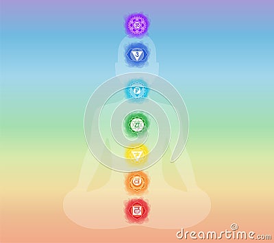 Chakras: muladhara, swadhisthana, manipura, anahata, vishuddha, ajna, sahasrara. Vector line symbol. Om sign. Silhouette of the Vector Illustration