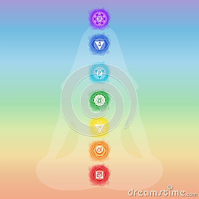 Chakras: muladhara, swadhisthana, manipura, anahata, vishuddha, ajna, sahasrara. Vector line symbol. Om sign. Silhouette of a girl Vector Illustration