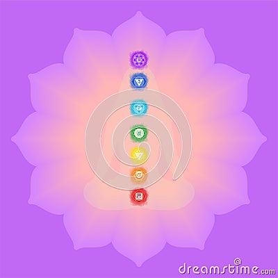 Chakras: muladhara, swadhisthana, manipura, anahata, vishuddha, ajna, sahasrara. Vector line symbol. Om sign. Silhouettes of the Vector Illustration