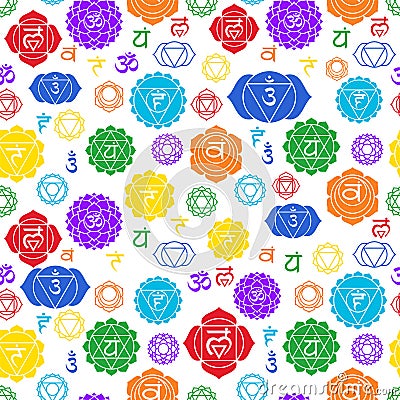 Chakras seamless pattern. Vector esoteric background. Hinduism, buddhism. Muladhara, swadhisthana, manipura, anahata, vishuddha, a Vector Illustration