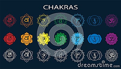 Chakras set: muladhara, swadhisthana, manipura, anahata, vishuddha, ajna, sahasrara. Vector line symbol. Om sign on a black Vector Illustration