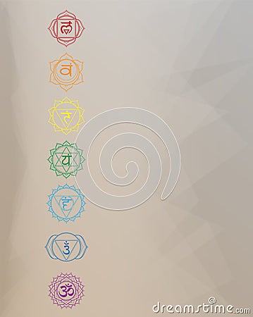 Chakras set: muladhara, swadhisthana, manipura, anahata, vishuddha, ajna, sahasrara. Vector logo art line symbol. Om sign on a Vector Illustration