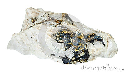 Chalcopyrite crystals in rough quartz isolated Stock Photo
