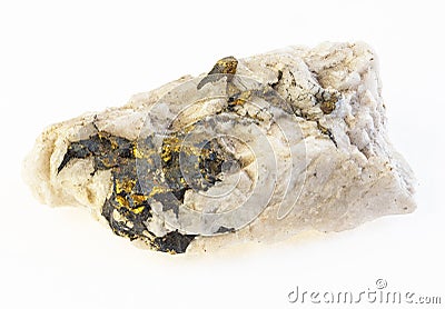 chalcopyrite in rough quartz stone on white Stock Photo