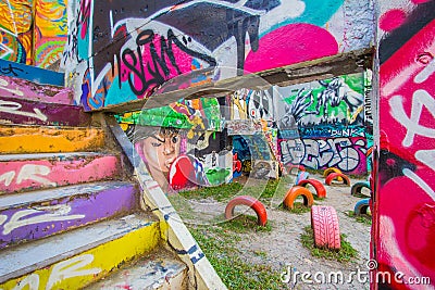 Ratchathewi,Bangkok,Thailand on November 3,2018:Colorful graffiti walls at Chalermla Public Park on Phayathai Rd.,next to Hua Chan Editorial Stock Photo