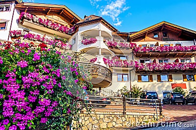 Chalet purple flowers colorful summer south tyrol accomodation Editorial Stock Photo