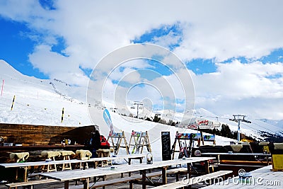 Chalet restaurant on slopes at Swiss Alps Editorial Stock Photo