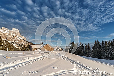 Chalet with snow on austrian mountain Stock Photo