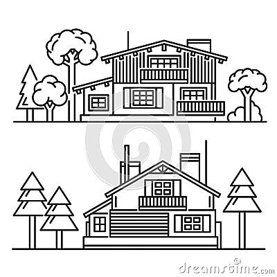Chalet with Trees Icons Set on White Background. Vector Vector Illustration