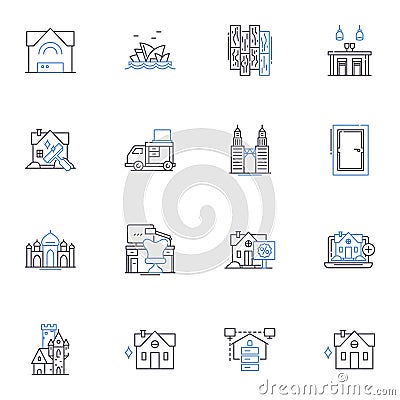 Chalets line icons collection. Rustic, Cozy, Retreat, Scenic, Lodge, Alpine, Fireplace vector and linear illustration Vector Illustration