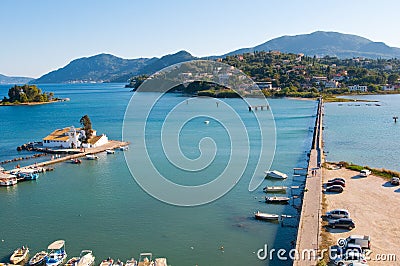 Chalikiopoulou Lagoon with Pontikonisi and Vlacheraina monastery as seen from the hilltop of Kanoni on the island of Corfu, Greece Stock Photo
