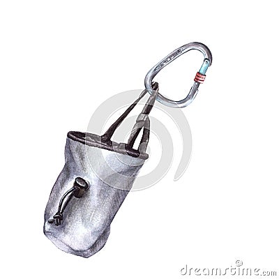 Chalk bag for climbing bouldering with a carabinerWatercolor illustration isolated white background. Cartoon Illustration