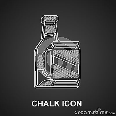 Chalk Beer bottle and beer can icon isolated on black background. Vector Vector Illustration