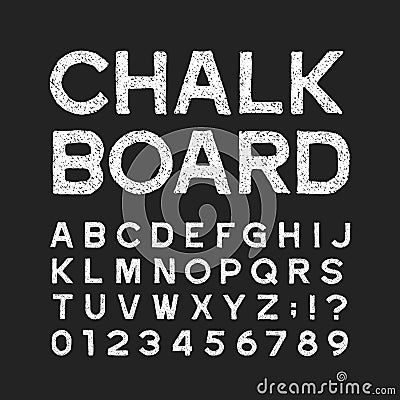 Chalk board alphabet font. Distressed vintage letters and numbers on a dark background. Vector Illustration