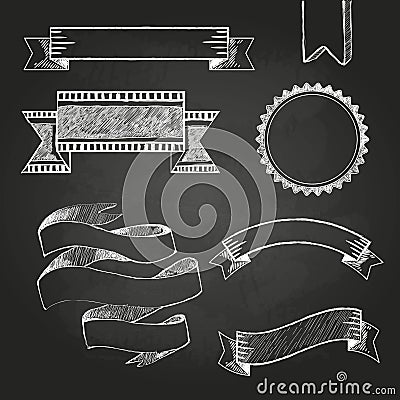 Chalk board labels, ribbons and stickers Vector Illustration