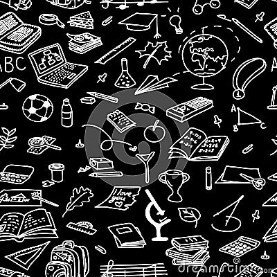 Chalk board style. back to school seamless pattern set. eraser, globe, glue, goggles, Stock Photo