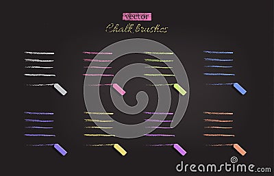 Chalk brushes with chalks.Vector different color chalk traces on black chalkboard. Vector Illustration