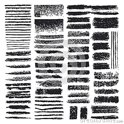 Chalk brushes. Hand drawn grunge texture chalk pencil strokes, doodle rough charcoal brush flat vector illustration set on white Vector Illustration