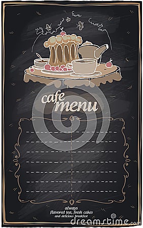 Chalk cafe menu with cake. Vector Illustration