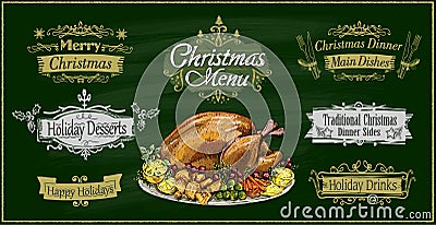 Chalk christmas menu on a green board with traditional roasted turkey and holiday lettering signs set Vector Illustration