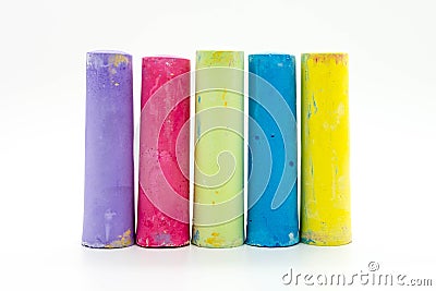 Colourful detailed messy chalk sticks on white background Stock Photo