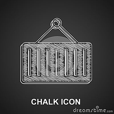 Chalk Container on crane icon isolated on black background. Crane lifts a container with cargo. Vector Vector Illustration