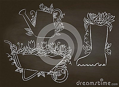 Chalk contours of watering can, boot and barrow with leaves and flowers. Vector Illustration