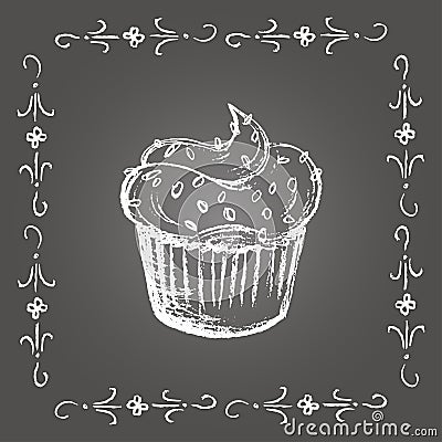 Chalk cupcake with sprinkles and vintage frame. Vector Illustration