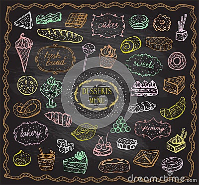 Chalk desserts and baked goods graphic set, doodle style Vector Illustration