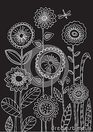 Chalk drawing on the chalkboard. Flowers. Vector Illustration