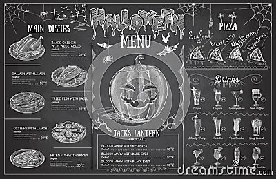 Vintage chalk drawing halloween menu design. Restaurant menu Vector Illustration