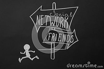 Chalk drawing of human figure near sign with words SOCIAL NETWORK and FRIENDS on black background, top view. Loneliness concept Stock Photo