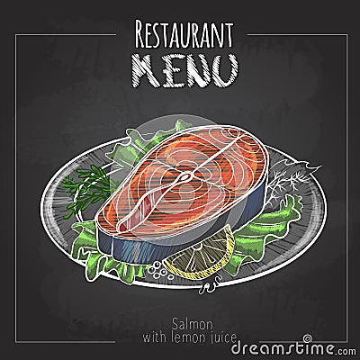 Chalk drawing menu design. Fish menu. Salmon with lemon Vector Illustration