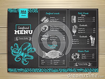 Chalk drawing seafood menu design. Vector Illustration
