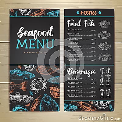 Chalk drawing seafood restaurant menu design with hand drawing fish. Vector Illustration