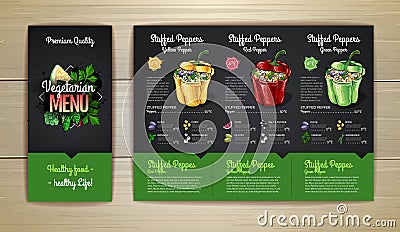 Chalk drawing Vegetarian menu design with vegan meal Stuffed pepper. Restaurant menu Vector Illustration