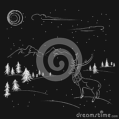 A chalk drawing is a winter forest and deer and mountains on a moonlit night for Christmas cards design. Forest in snowy weather Cartoon Illustration