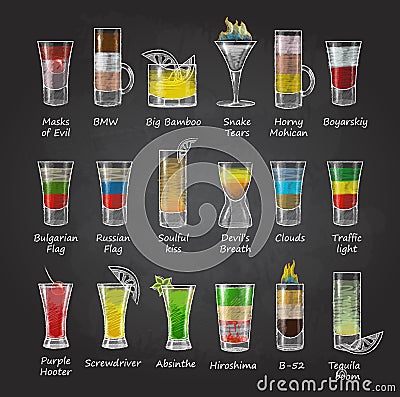 Chalk drawings. Set of shot cocktails. menu Vector Illustration