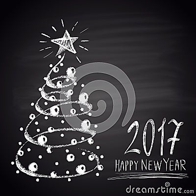 Chalk drawn illustration with Christmas tree and text. Happy New 2017 Year theme. Vector Illustration