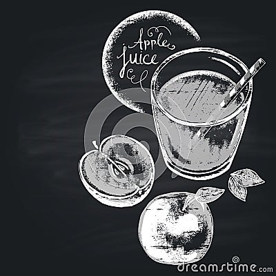 Chalk drawn illustration of full glass with apple juice. Healthy nutrition. Copy space Vector Illustration