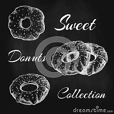 Chalk drawn set of tasty sweet donuts isolated on black chalkboard. Sketch of sweet dessert on blackboard. vector pastry Vector Illustration