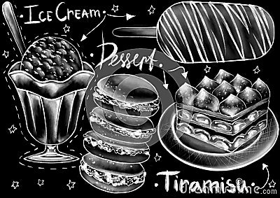 Chalk drawn style desserts, package, drinks and calligraphy words on the flat black background Stock Photo