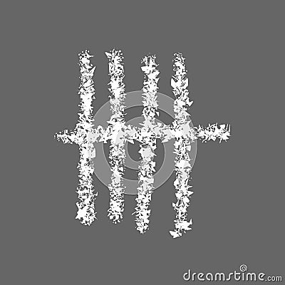 Chalk drawn tally mark symbolized number 5 in unary numeral system. White hand drawn counting sticks on gray chalkboard Vector Illustration
