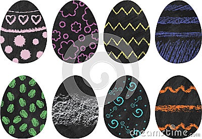 Hand drawn and decorated chalk chalkboard Easter eggs in bright colors and designs clip art Stock Photo