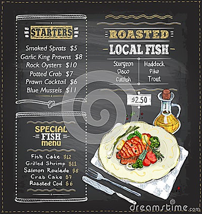 Chalk fish menu board graphic illustration with grilled salmon steak Vector Illustration