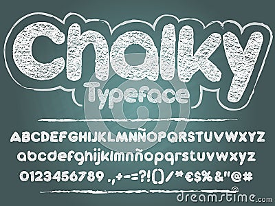 Chalk font. Handwritten sans serif rounded chalky typeface on chalkboard background Stock Photo