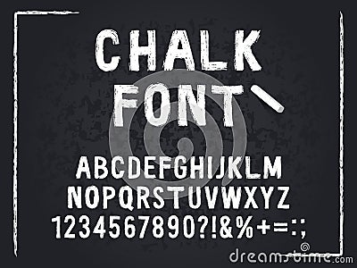 Chalk font. Rough chalk hand drawn alphabet, abc and numbers, textured scratched lettering. Grunge letters isolated Vector Illustration