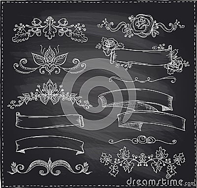 Chalk graphic line elements, love and wedding theme, vintage style ribbons Vector Illustration