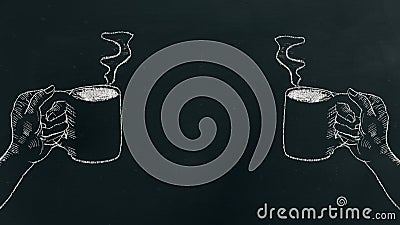 Chalk hand drawing a hand holding coffee cup with steam on black board on the left and right side of the frame Stock Photo