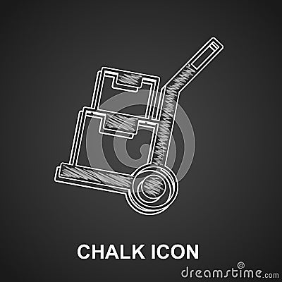 Chalk Hand truck and boxes icon isolated on black background. Dolly symbol. Vector Stock Photo